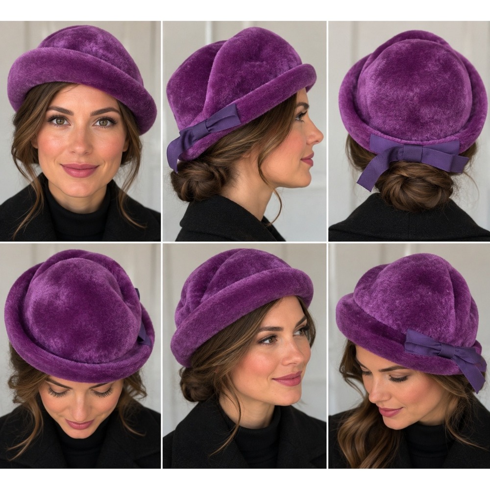 Vintage 1960s Empress Purple Faux Fur Cloche Hat Western Germany Bow 22.5